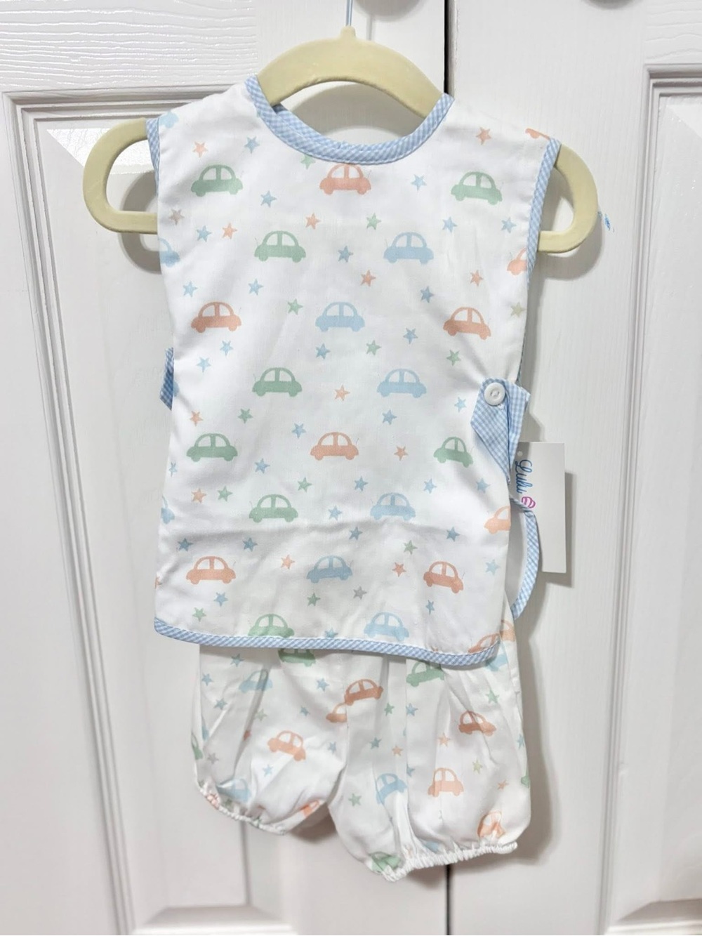 White Sunsuit & Bloomers Set with Pastel Cars